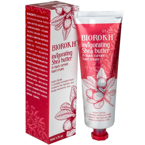 کرم مرطوب کننده دست شی باتر بایورخ تیوپی با عصاره انگور سیاه 110 میل | Biorokh invigorating Shea Butter Black Currant hand cream 110ml
